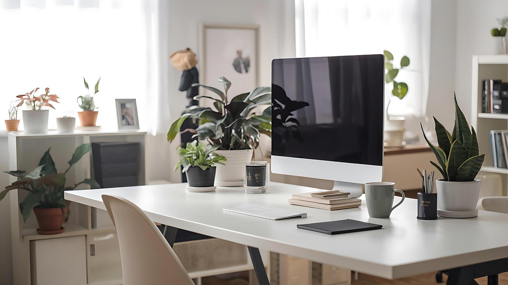 A desk with a computer monitor, a laptop, and a plant photo