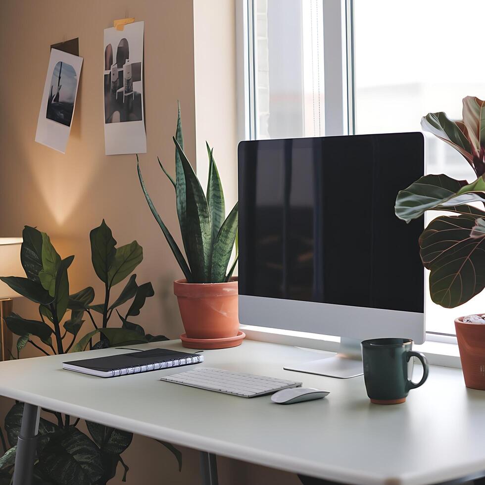 A desk with a computer, a plant, and a mug photo