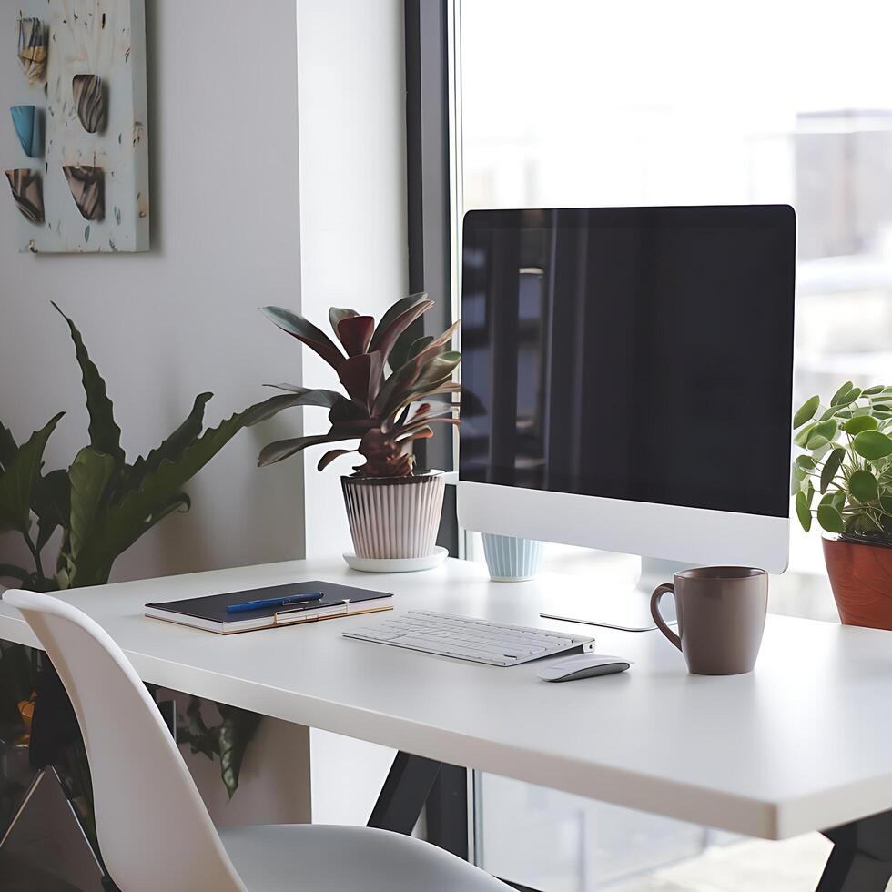 A white desk with a computer, mouse and a plant photo