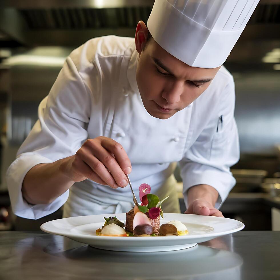 A man in a chef's hat is preparing food on a plate photo