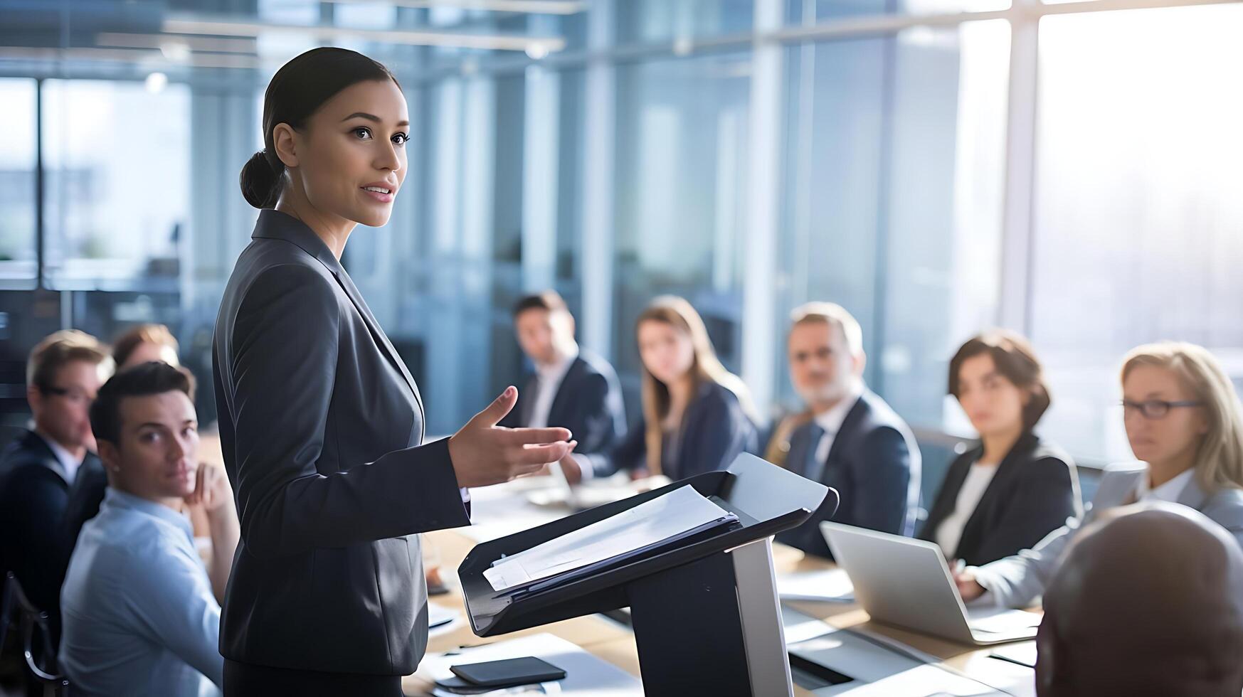 A woman giving a presentation in front of a group of people photo