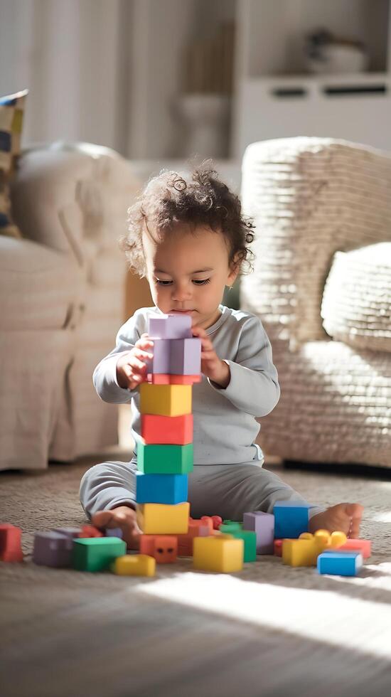 A toddler playing with blocks in a living room photo