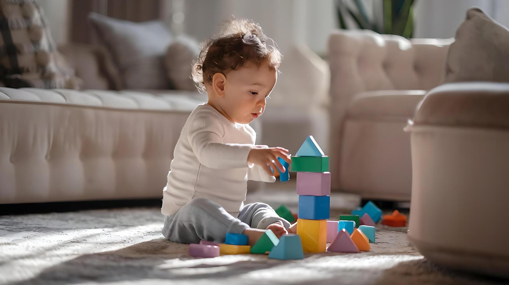 A baby playing with blocks on the floor photo
