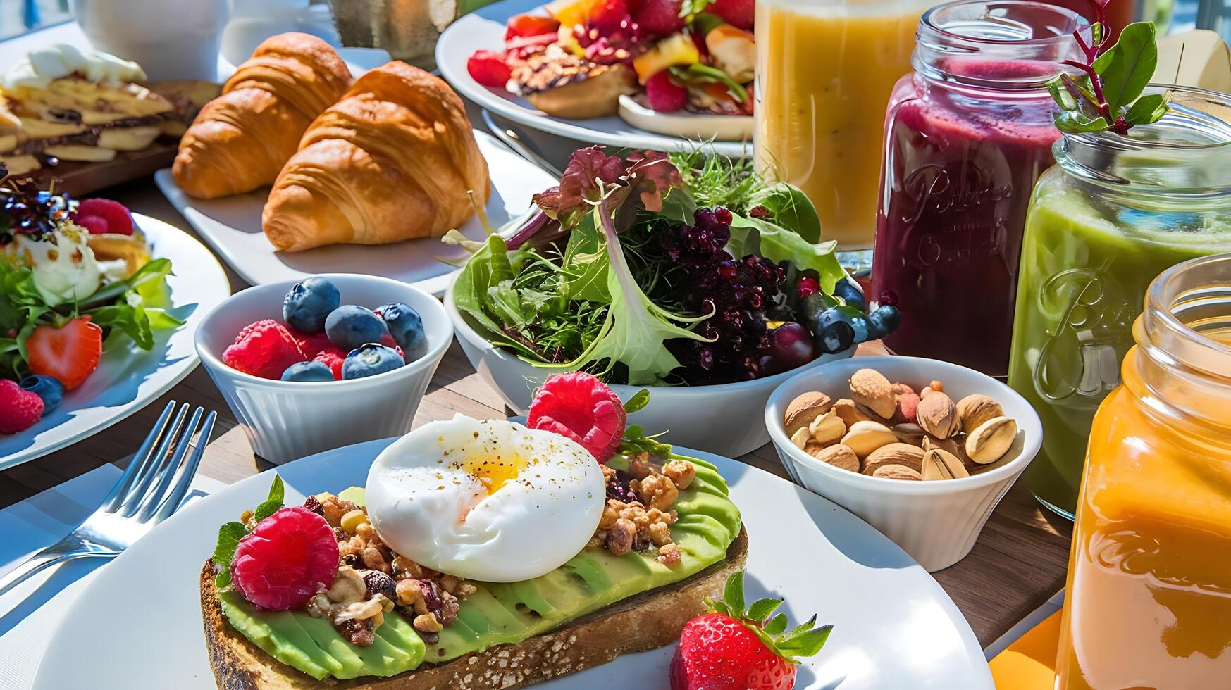 A table with a variety of food and drinks photo