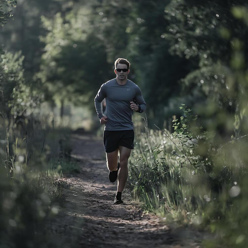 A man running on a trail in the woods photo