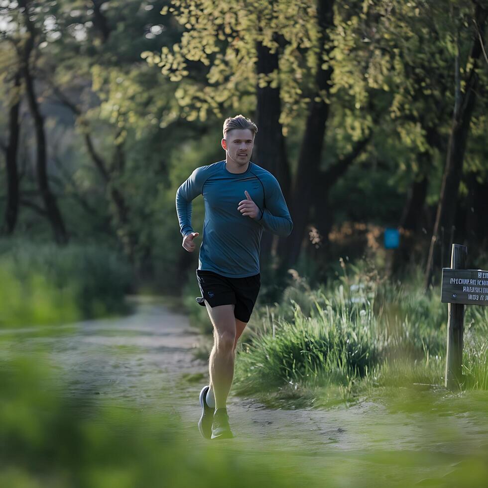 A man is running in the woods photo