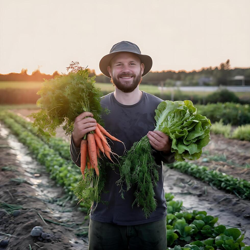 A man holding a bunch of vegetables in the field photo
