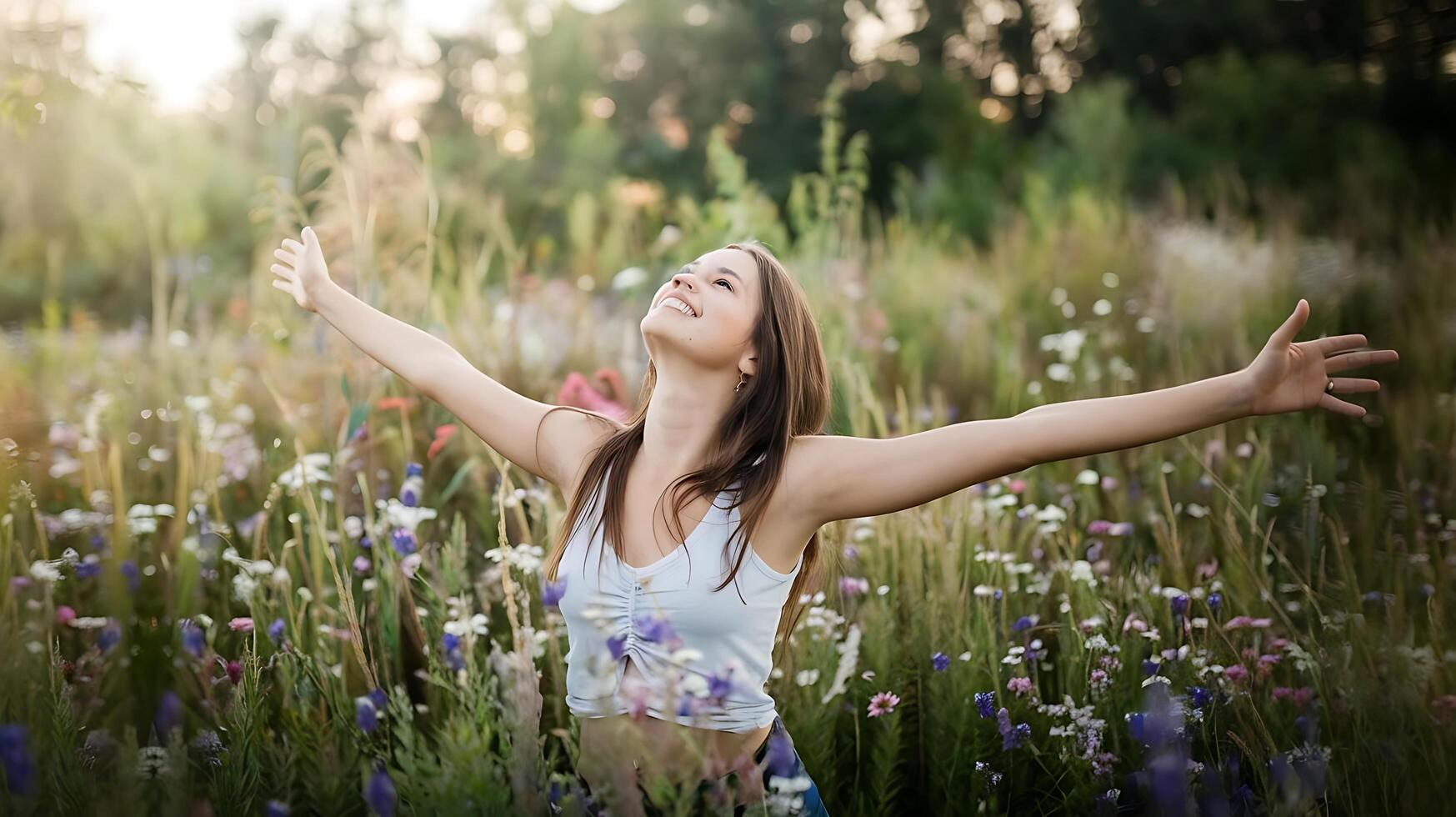 A woman in a field of wildflowers with her arms outstretched photo