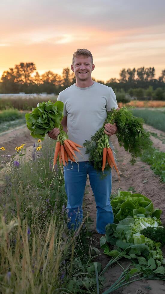 A man holding a bunch of vegetables in his hands photo