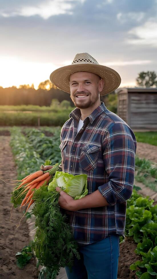 A man in a hat holding a bunch of vegetables photo