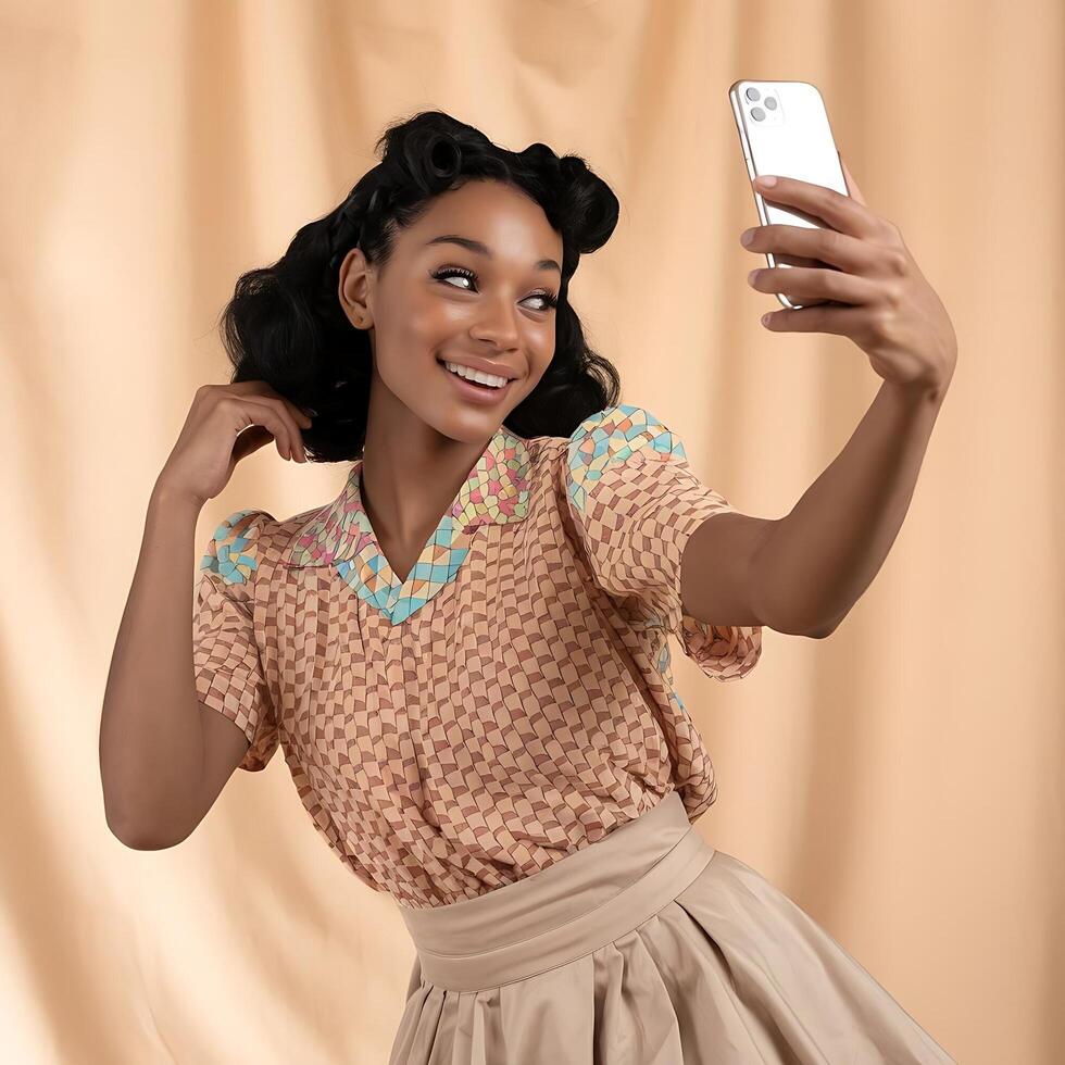 A woman in a skirt and blouse taking a selfie photo