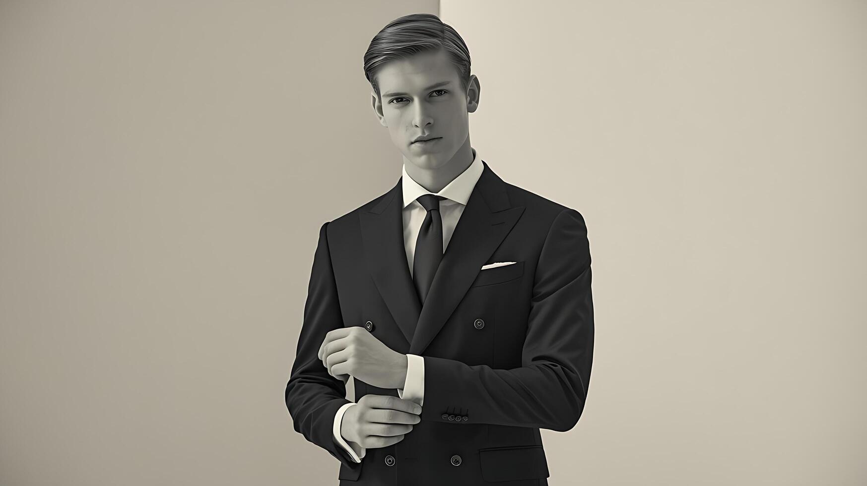A man in a suit and tie standing next to a wall photo