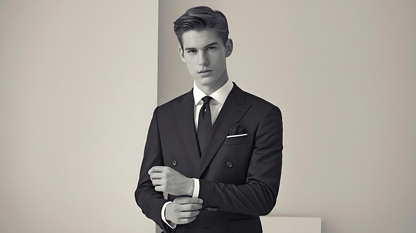 A man in a suit and tie standing in front of a wall photo