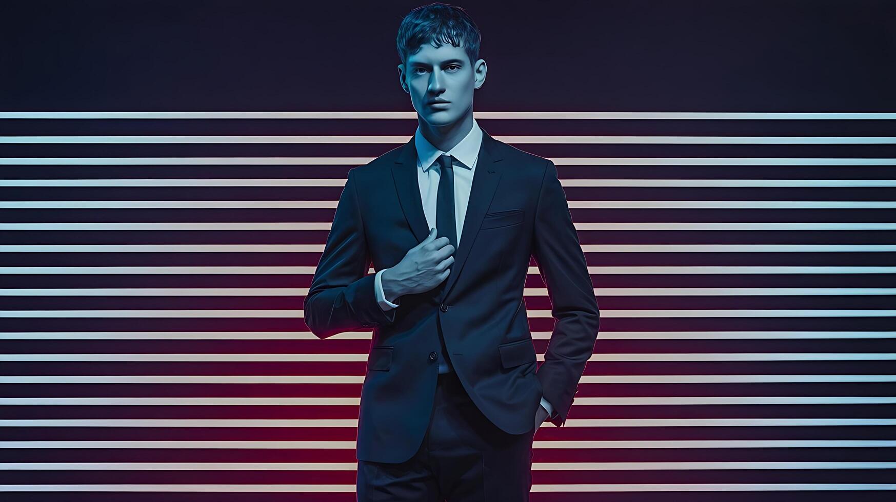 A man in a suit and tie standing in front of a striped background photo
