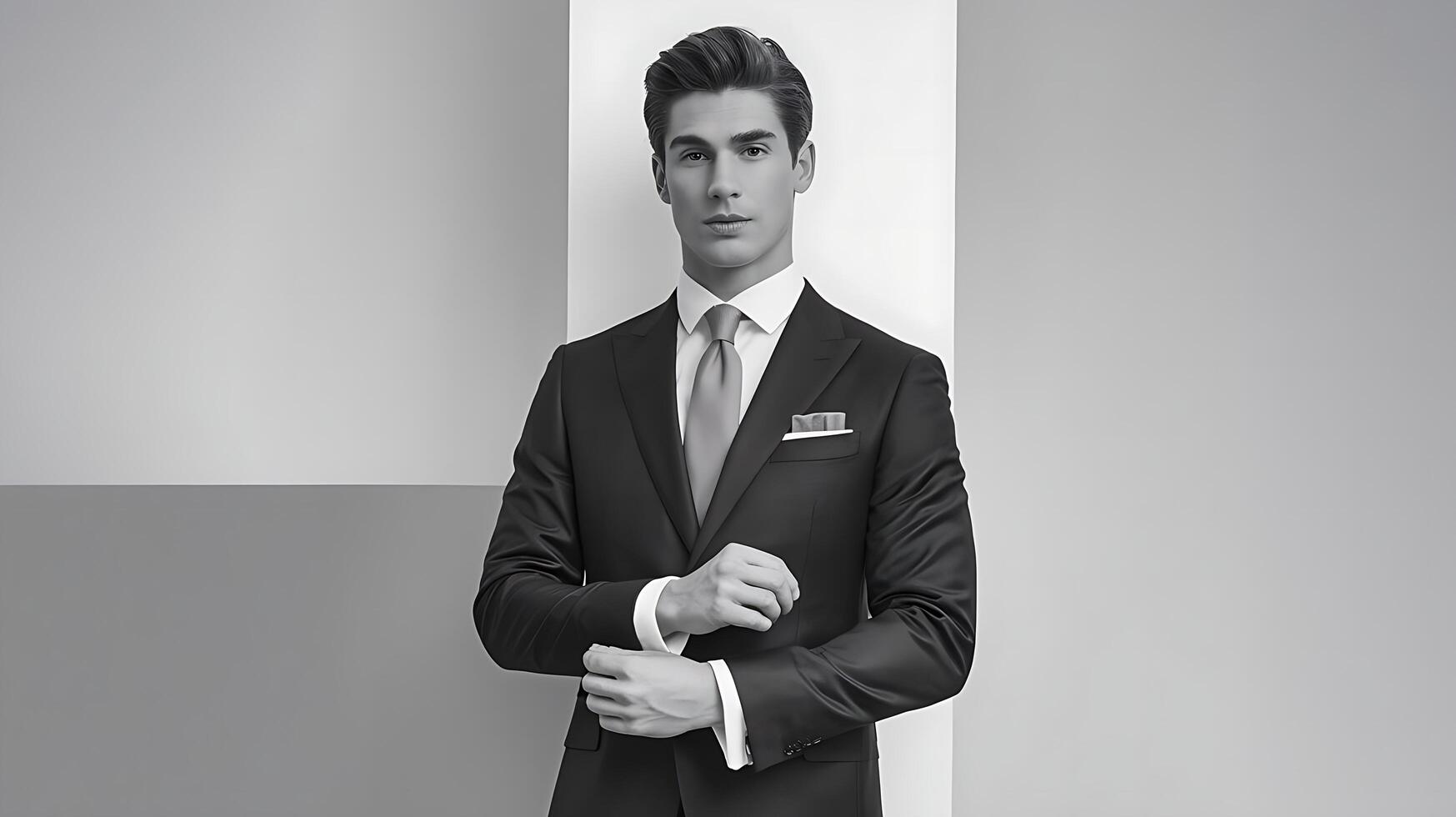 A man in a suit and tie standing in front of a wall photo