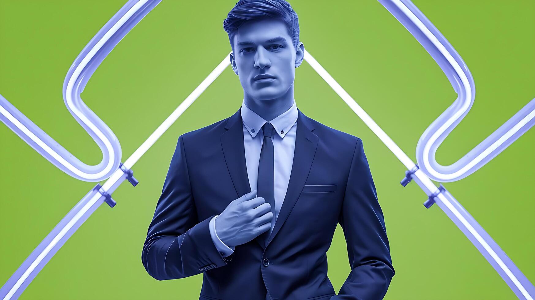 A man in a suit and tie standing in front of a green background photo