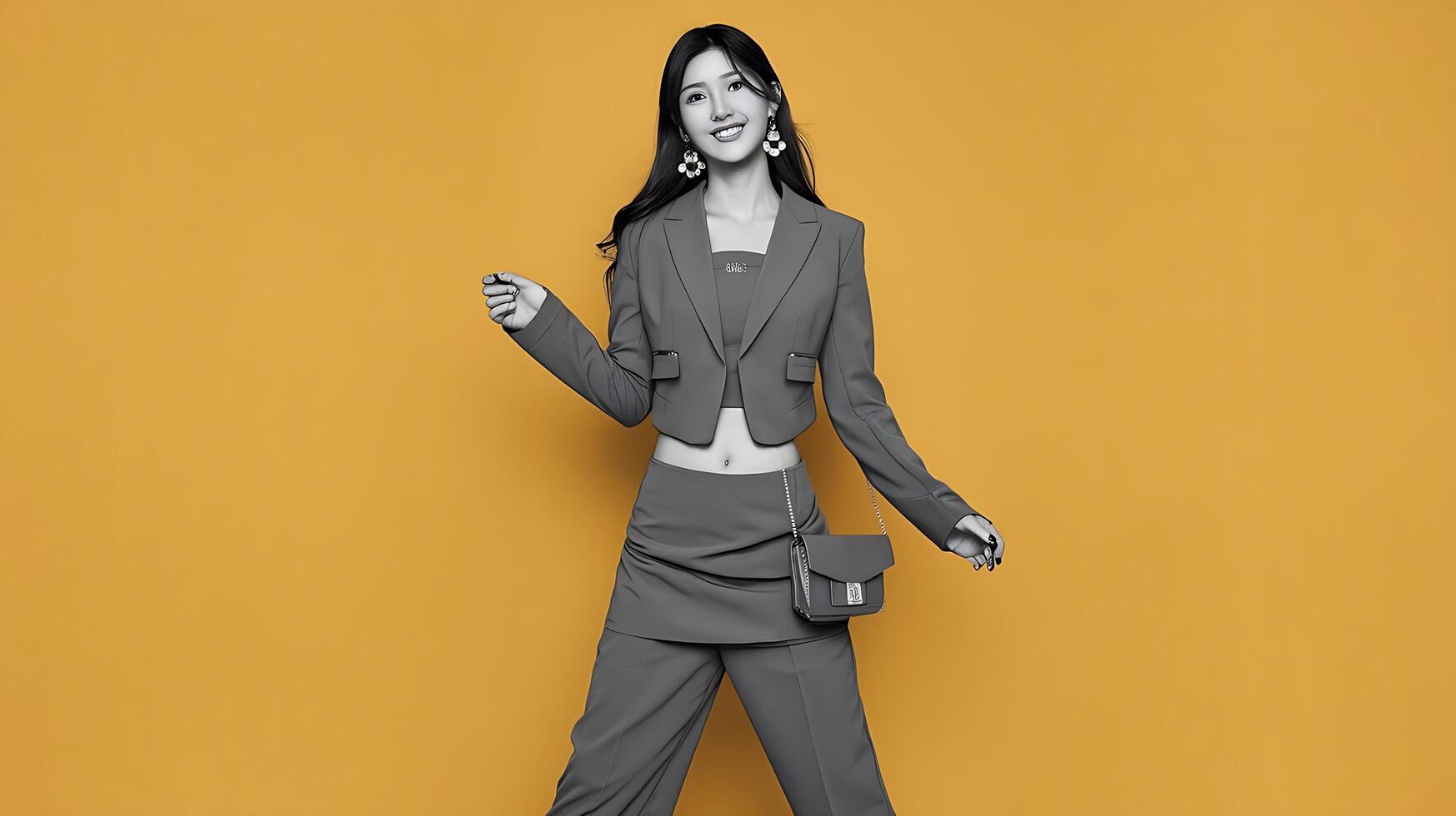 A woman in a suit and purse standing against a yellow background photo
