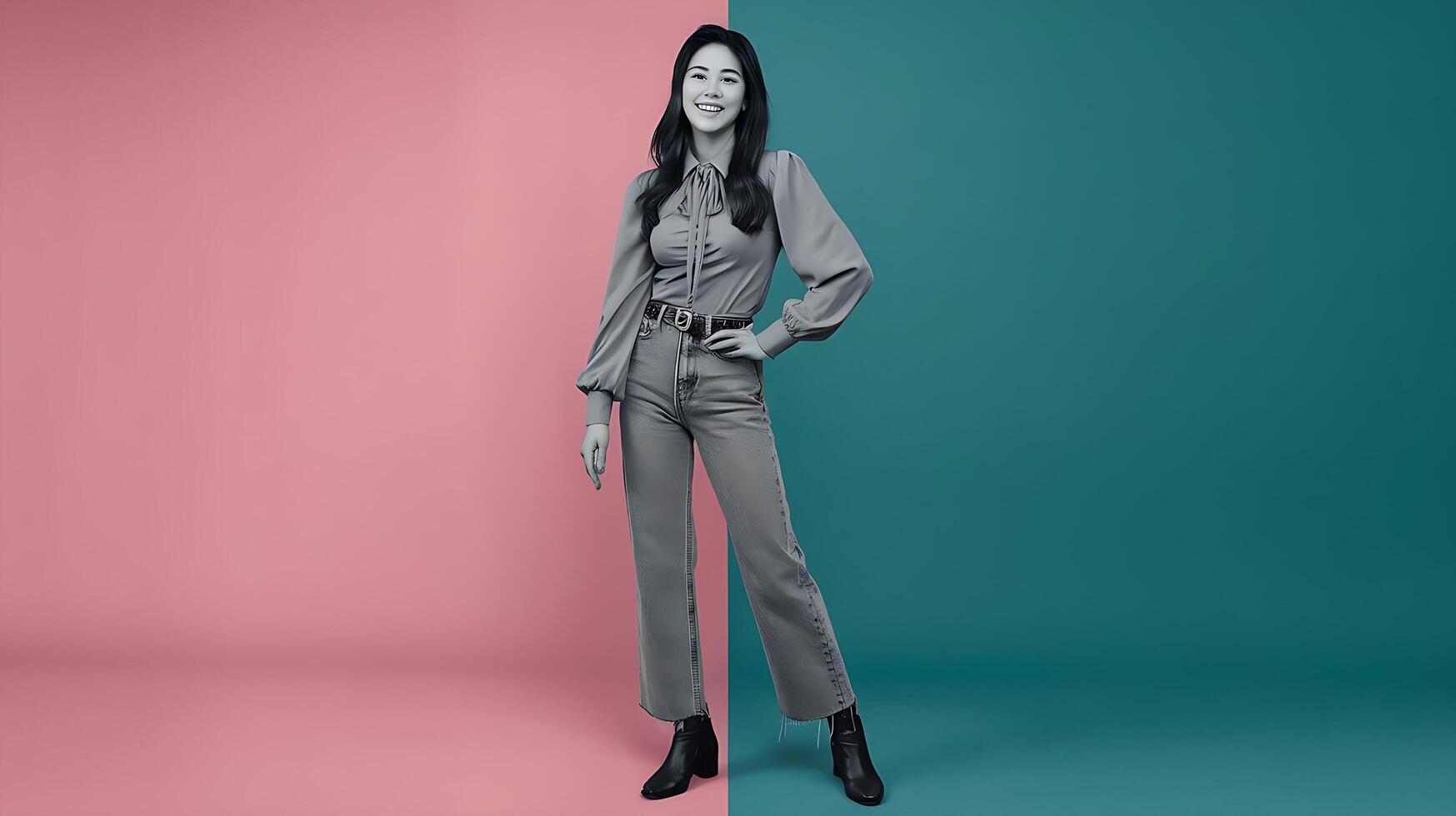 A woman in a gray shirt and pants standing in front of a pink and blue background photo