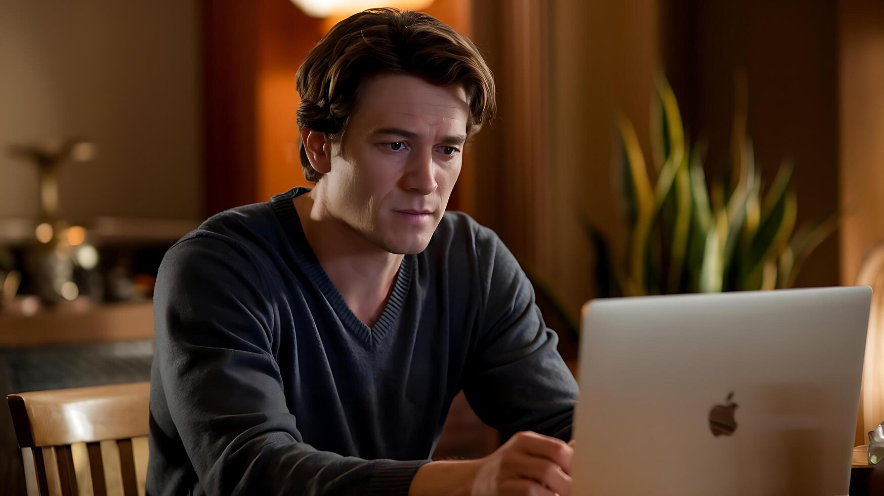 A man sitting at a table with an apple laptop photo