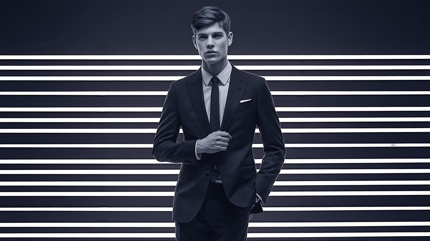 A man in a suit standing in front of a striped background photo