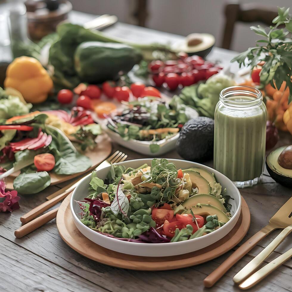 A table with a salad and other food photo