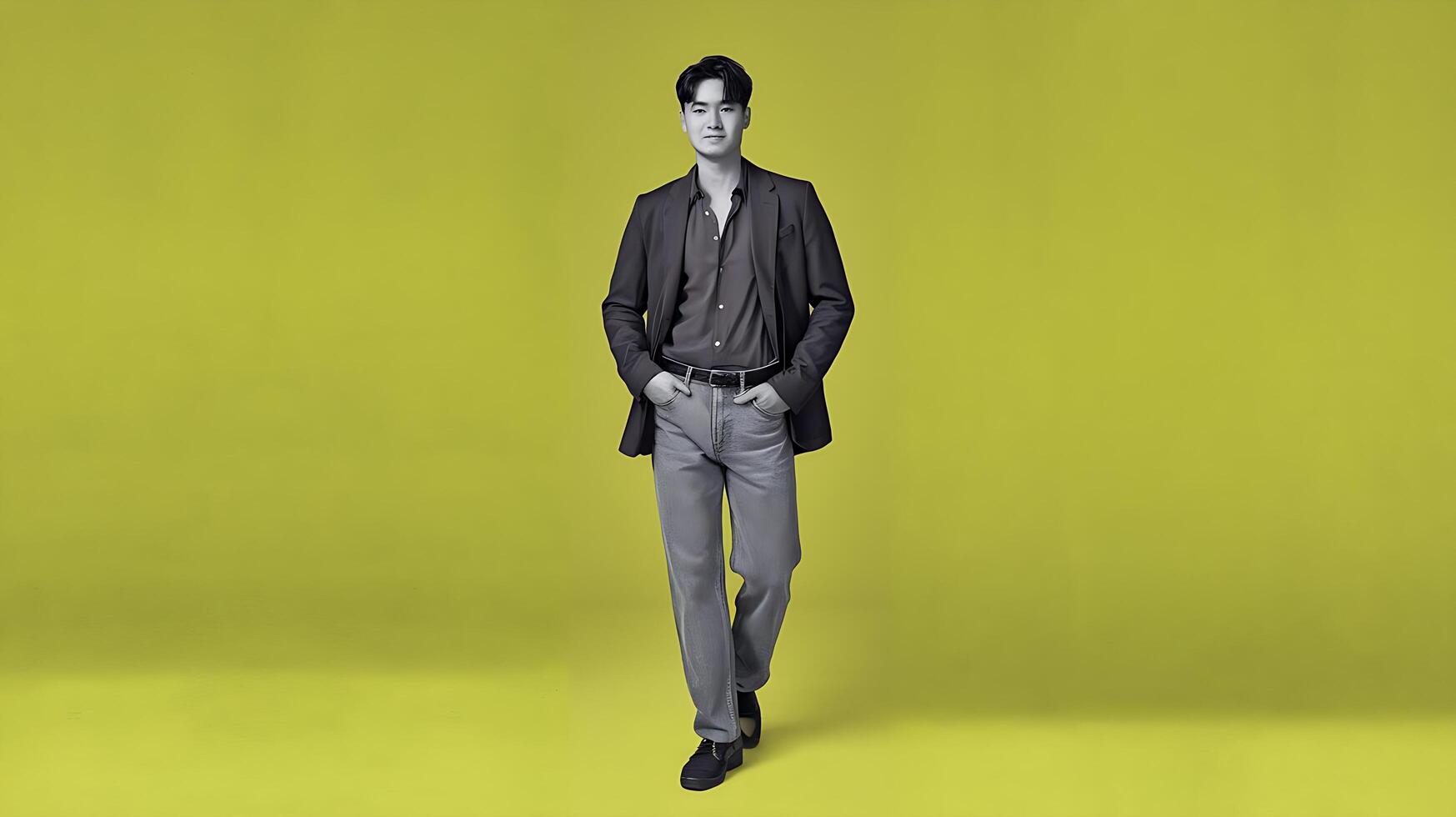 A man in a suit standing on a yellow background photo