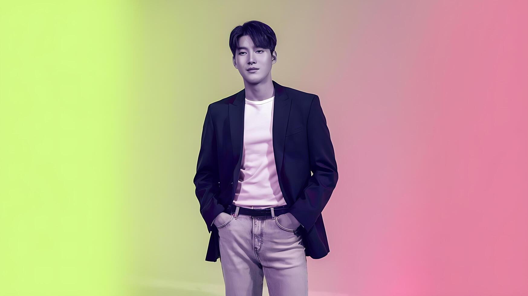 A man in a suit standing in front of a colorful background photo