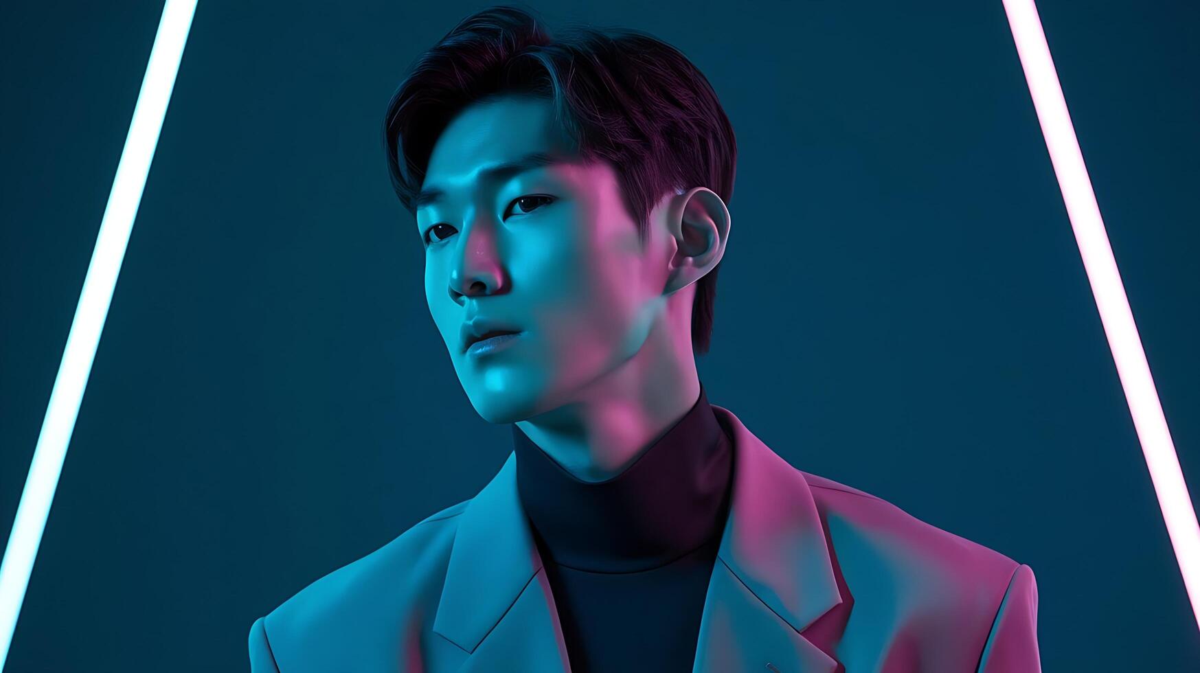 A man in a suit and tie is standing in front of neon lights photo
