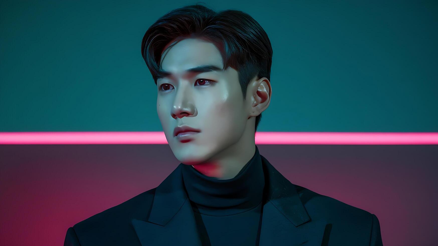 A man in a black suit with a pink light behind him photo