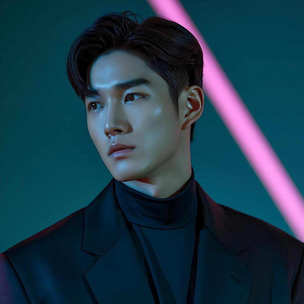 A man in a black suit with a pink light behind him photo