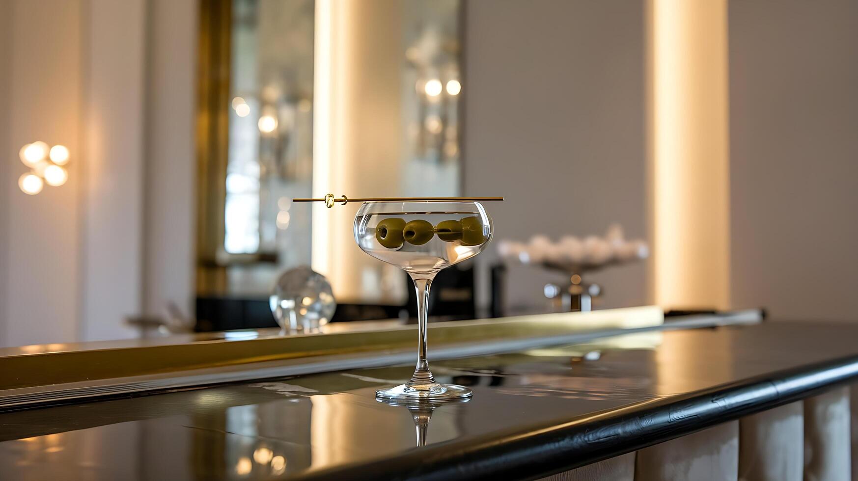 A martini glass with olives on the bar photo