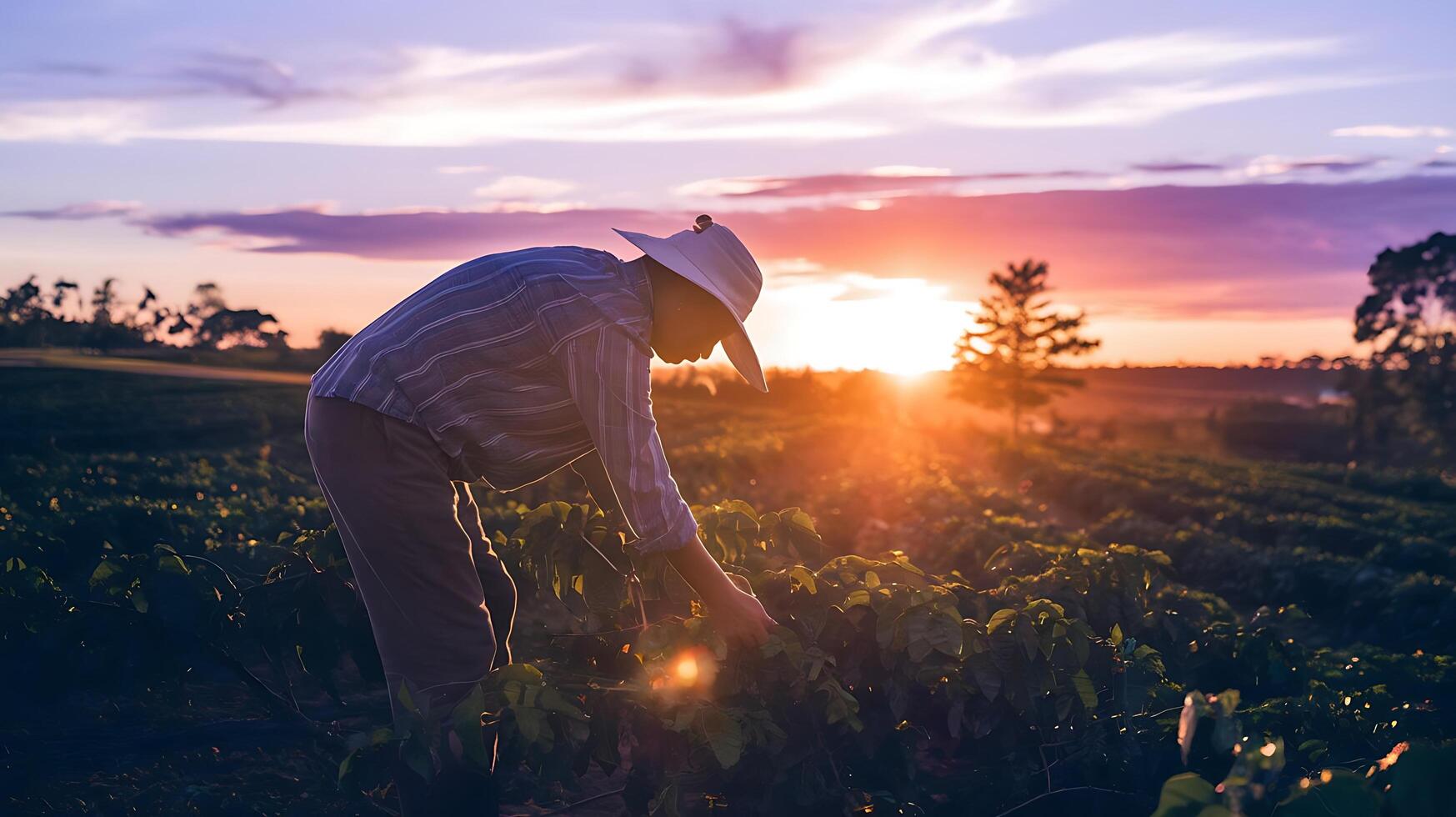 A man in a hat picking grapes at sunset photo