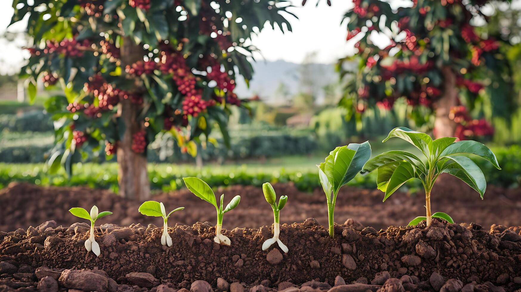 A field of coffee plants growing in the dirt photo