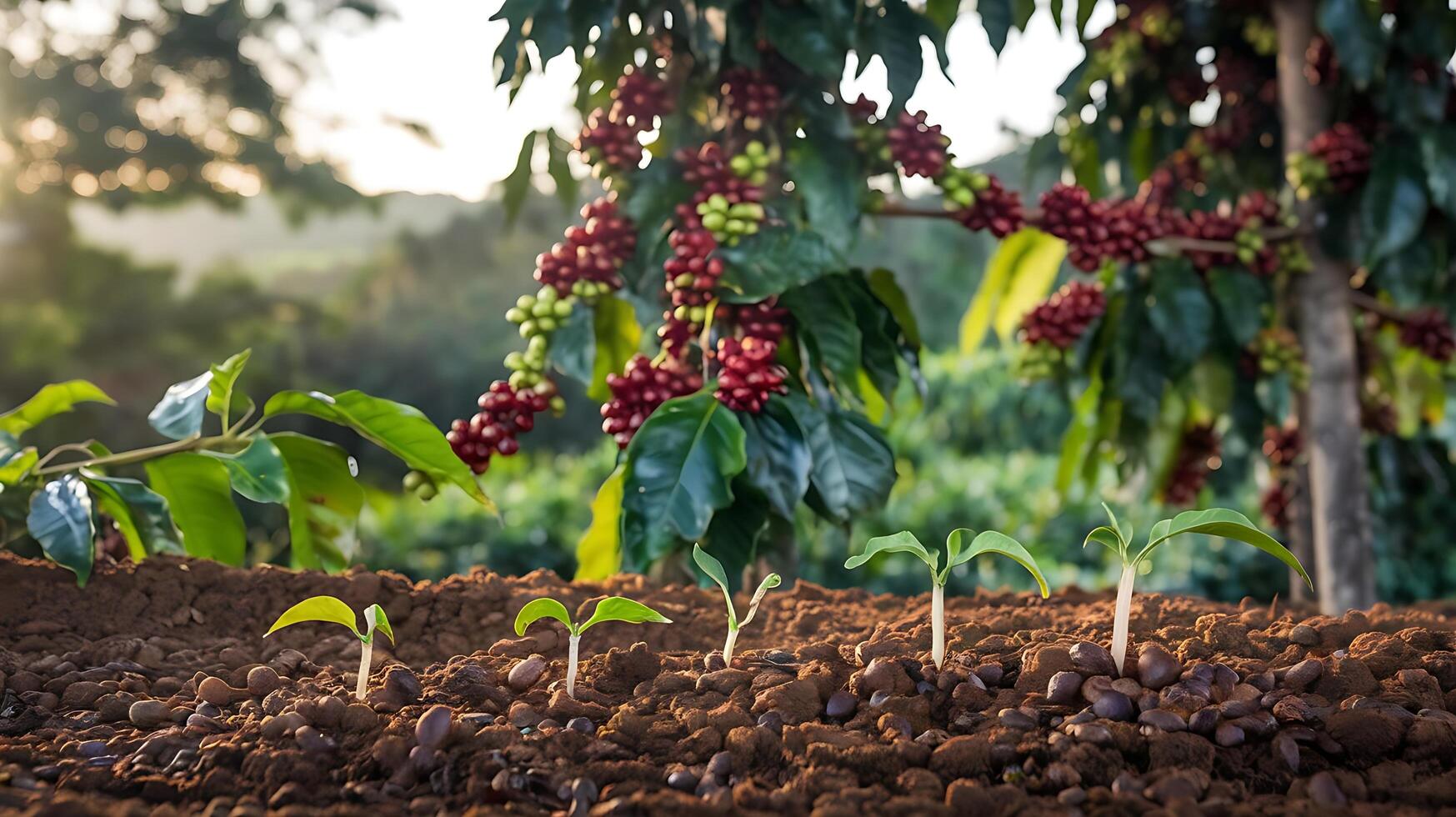 Coffee plants growing in the soil with coffee beans photo
