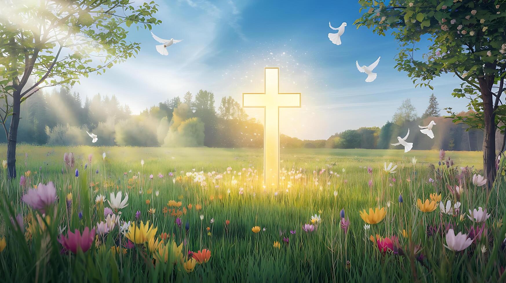 A cross in a field of flowers and doves photo
