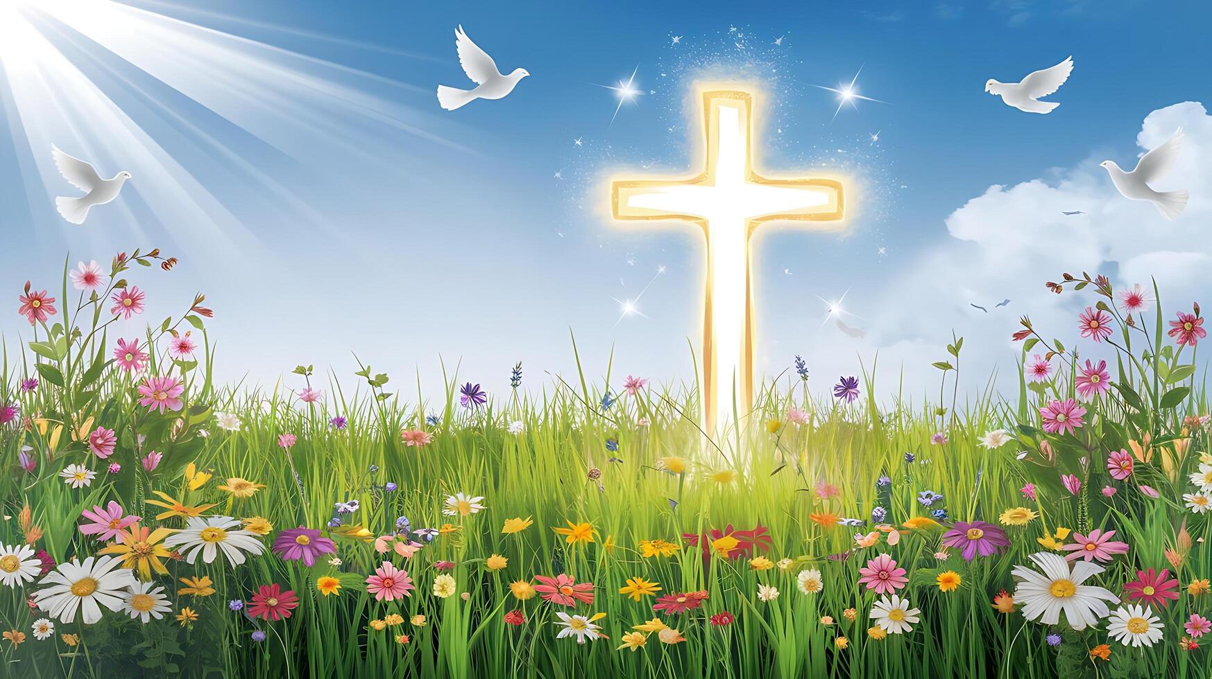 Easter cross in the meadow with flowers and doves photo