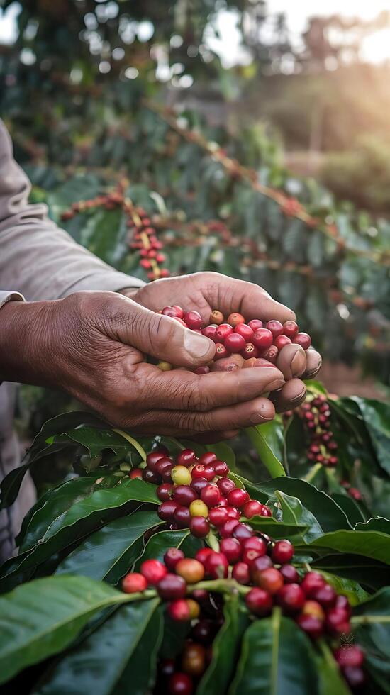 A person is picking coffee beans from a tree photo