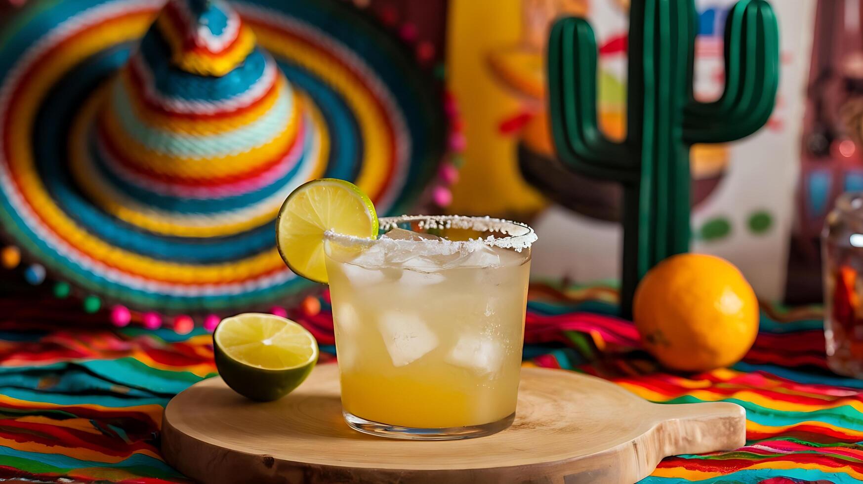 A margarita with lime and cactus on a wooden tray photo
