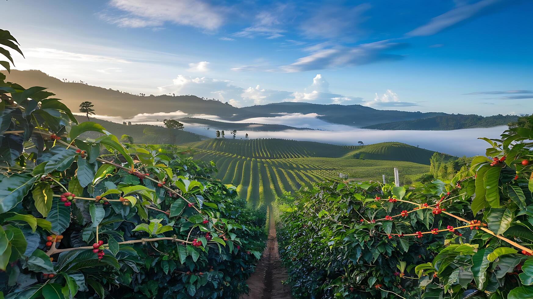Coffee plantation in the morning with fog and clouds photo