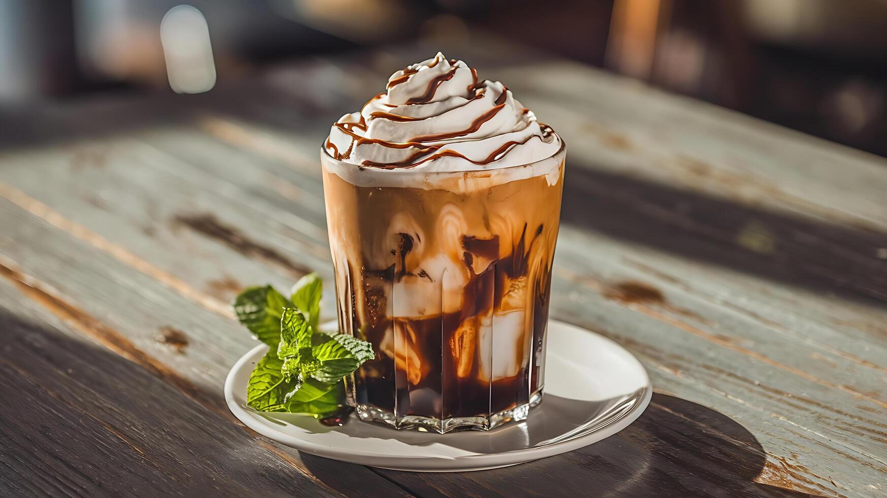 A chocolate milkshake with whipped cream and mint photo
