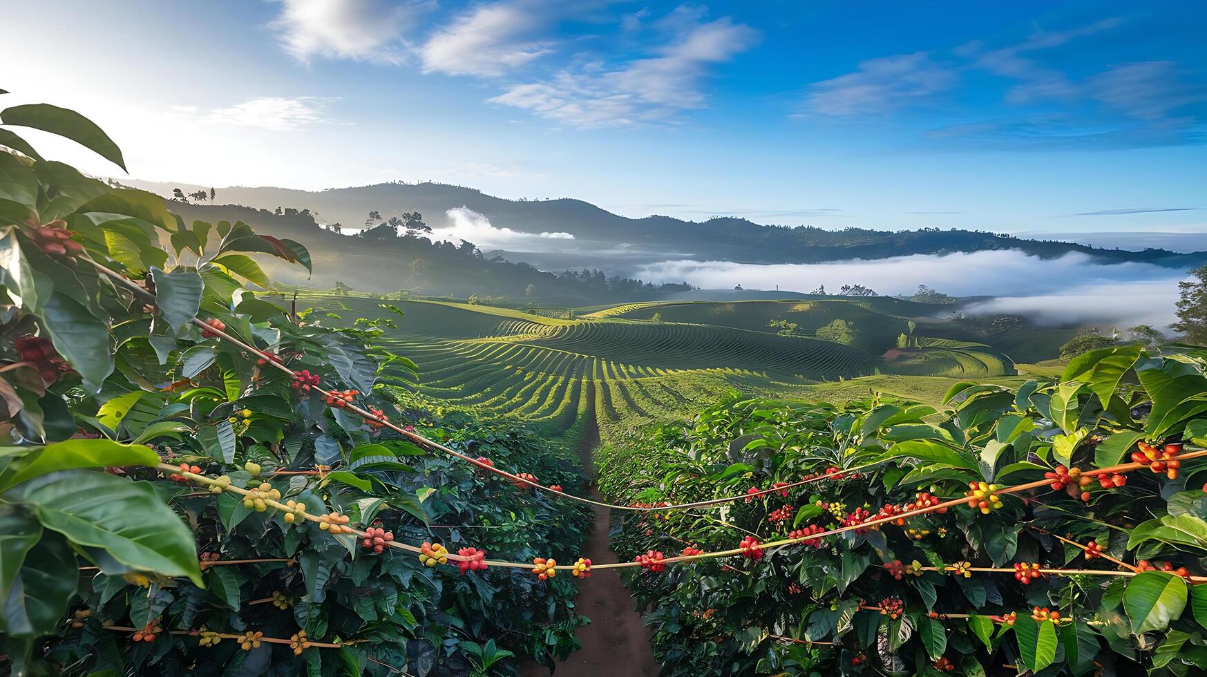 Coffee plantation in the morning mist photo