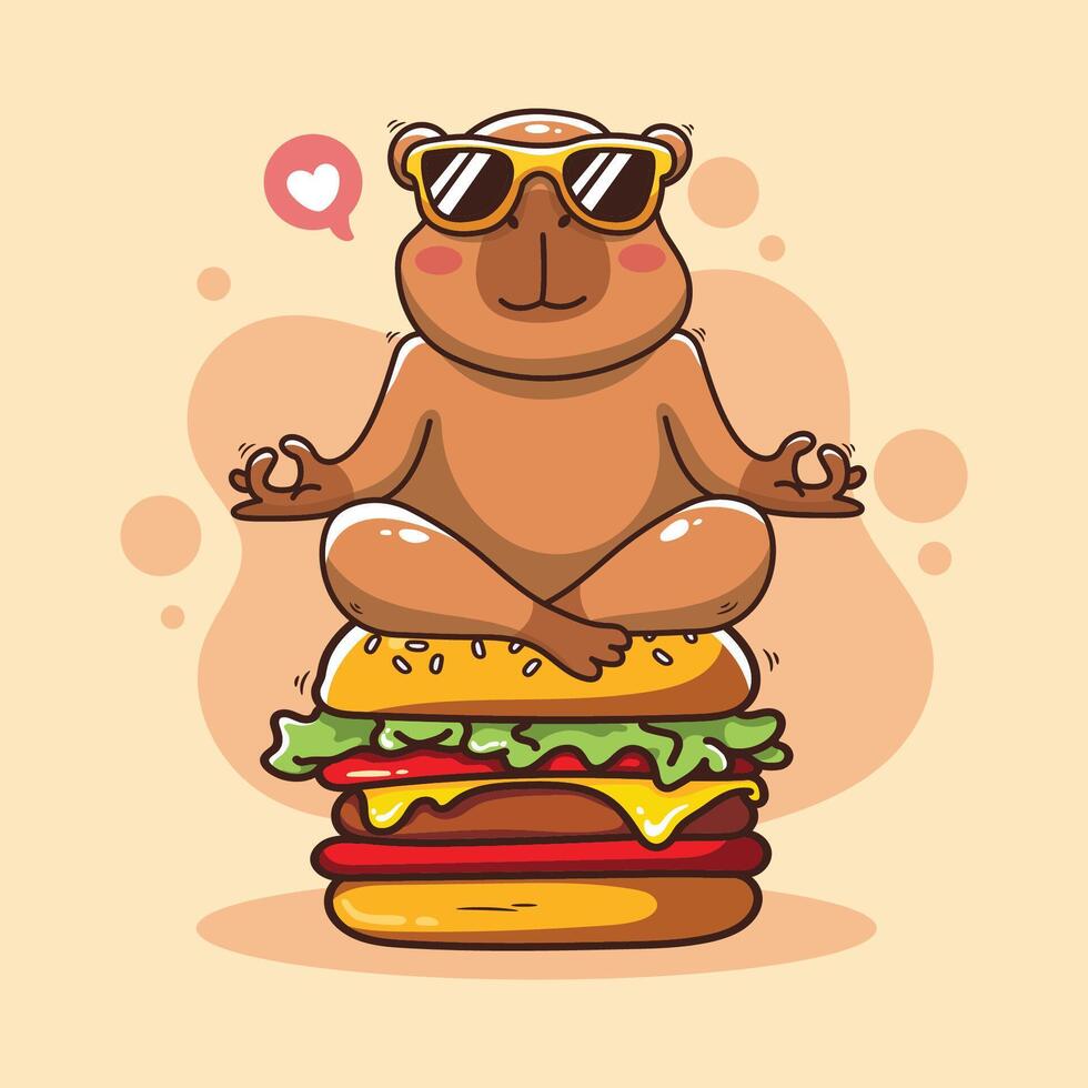 Cute cartoon capybara sitting on big hamburger. illustration. vector