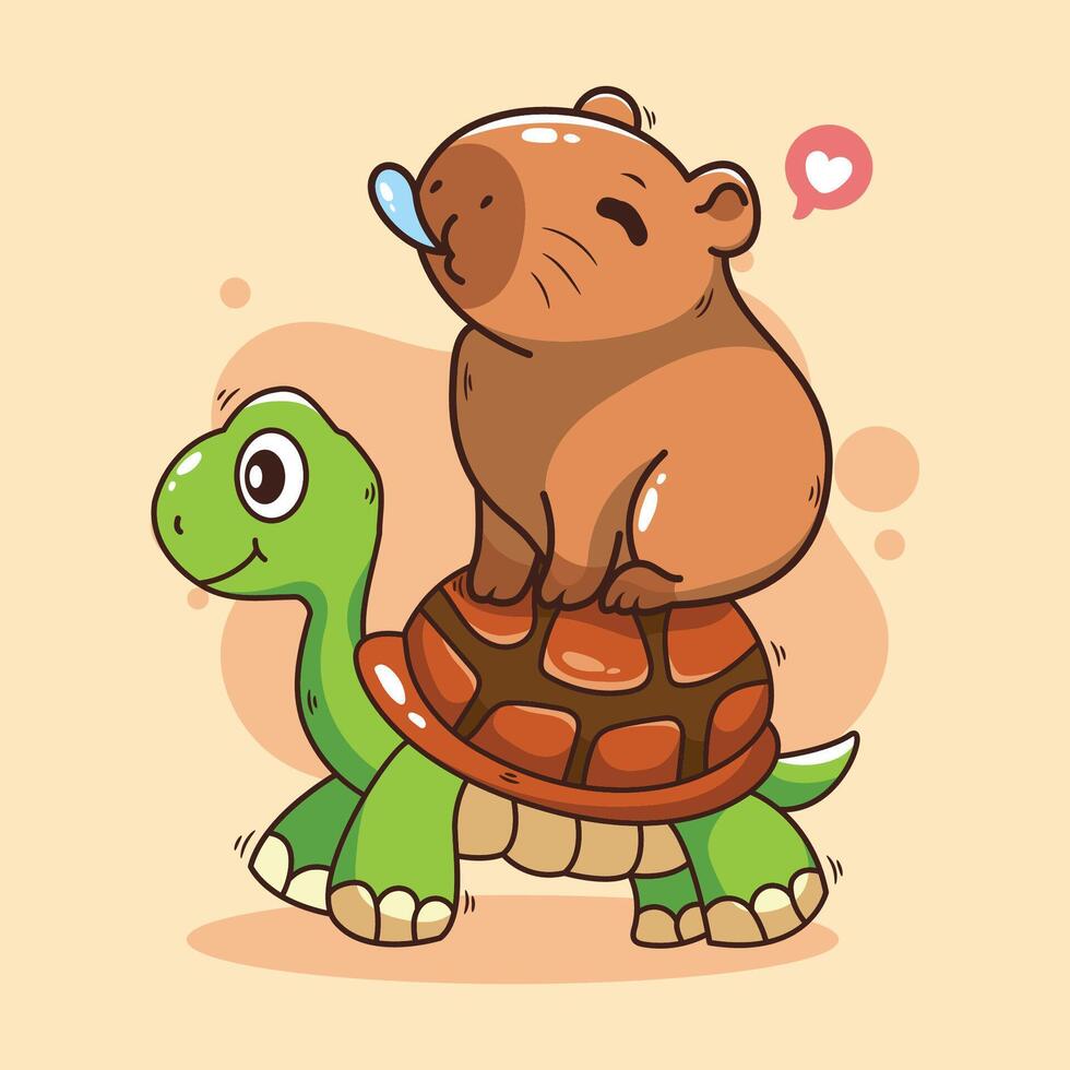 Cute cartoon capybara and turtle. illustration of animal. vector