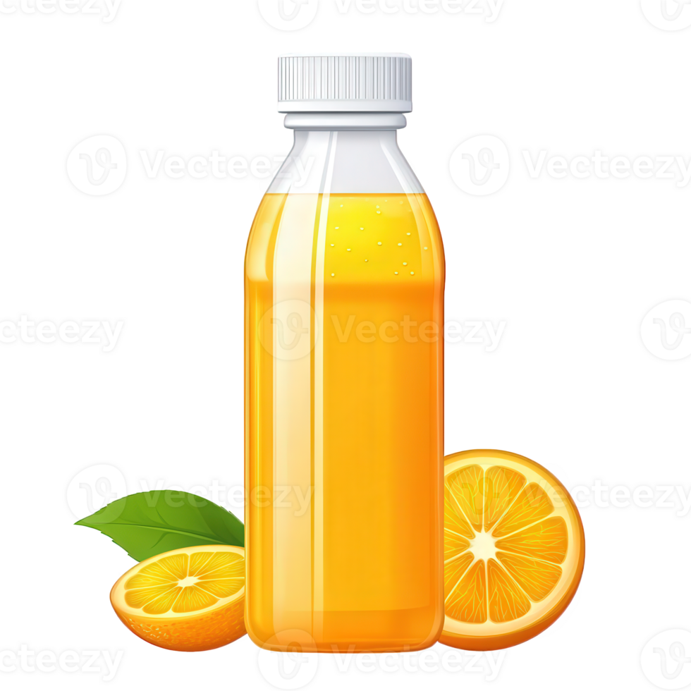 A bottle of orange juice with fresh oranges and leaves png