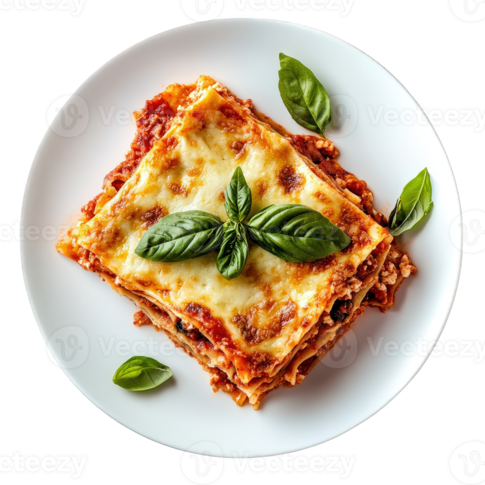 Delicious Lasagna Serving On White Plate With Basil png