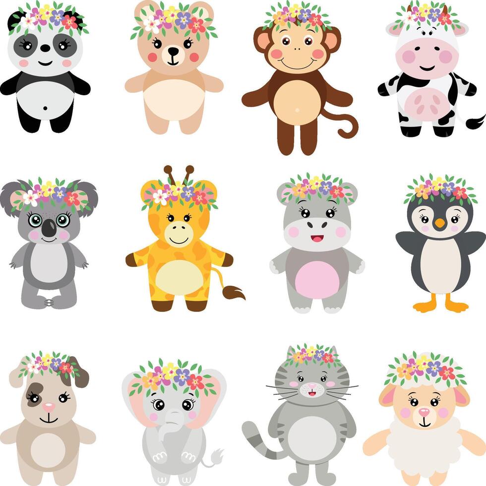 Set digital collage of adorable animals with wreath floral on head vector