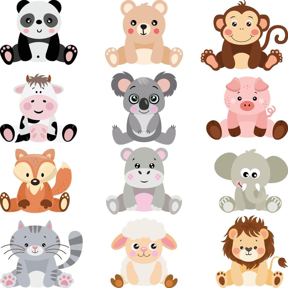 Set digital collage of adorable animals sitting vector