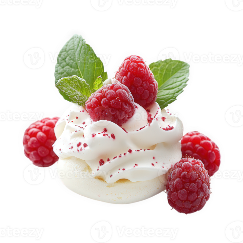 Delicate meringue dessert topped with fresh raspberries and mint png