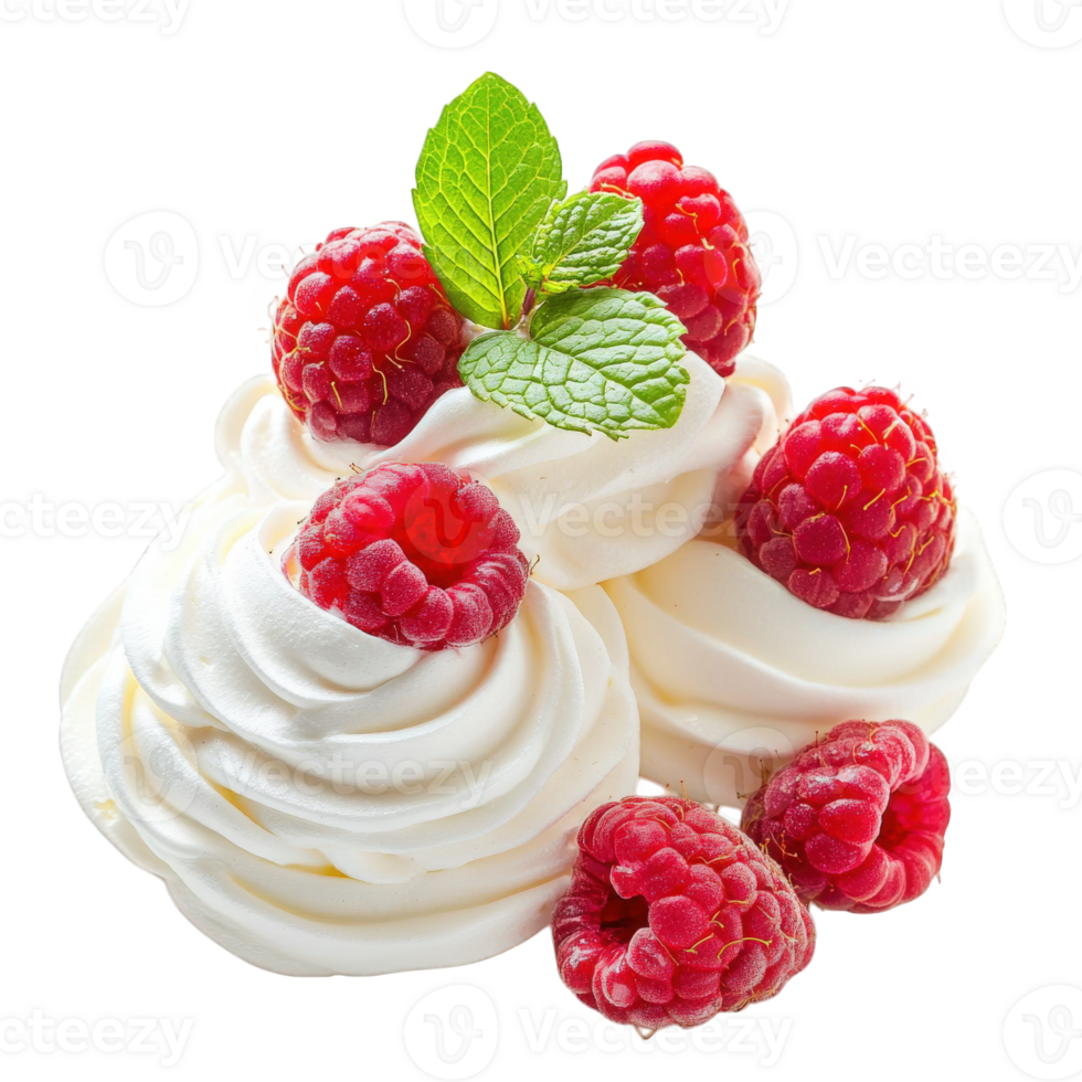 Delicious Meringues Topped With Fresh Raspberries And Mint png