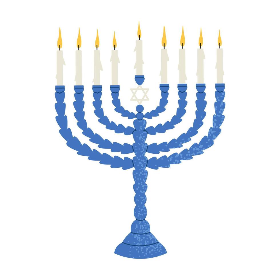 Blue Menorah for Happy Hanukkah celebration. Hanukkah candlestick. Flat illustration isolated on white background. vector